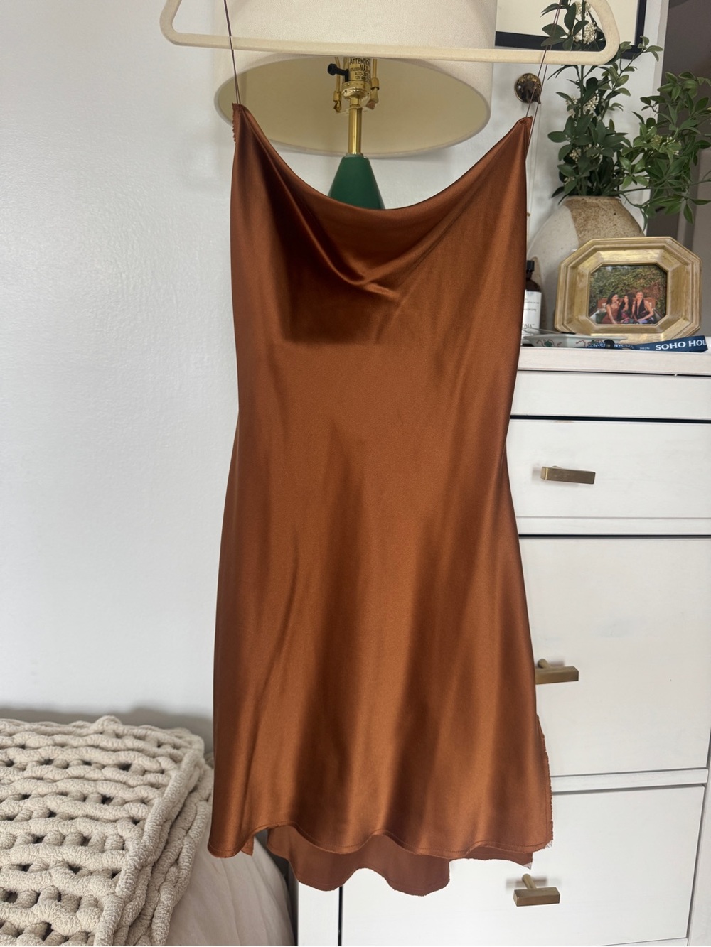 ARE YOU AM I Nique Copper Satin Cowl Mini Slip Dress